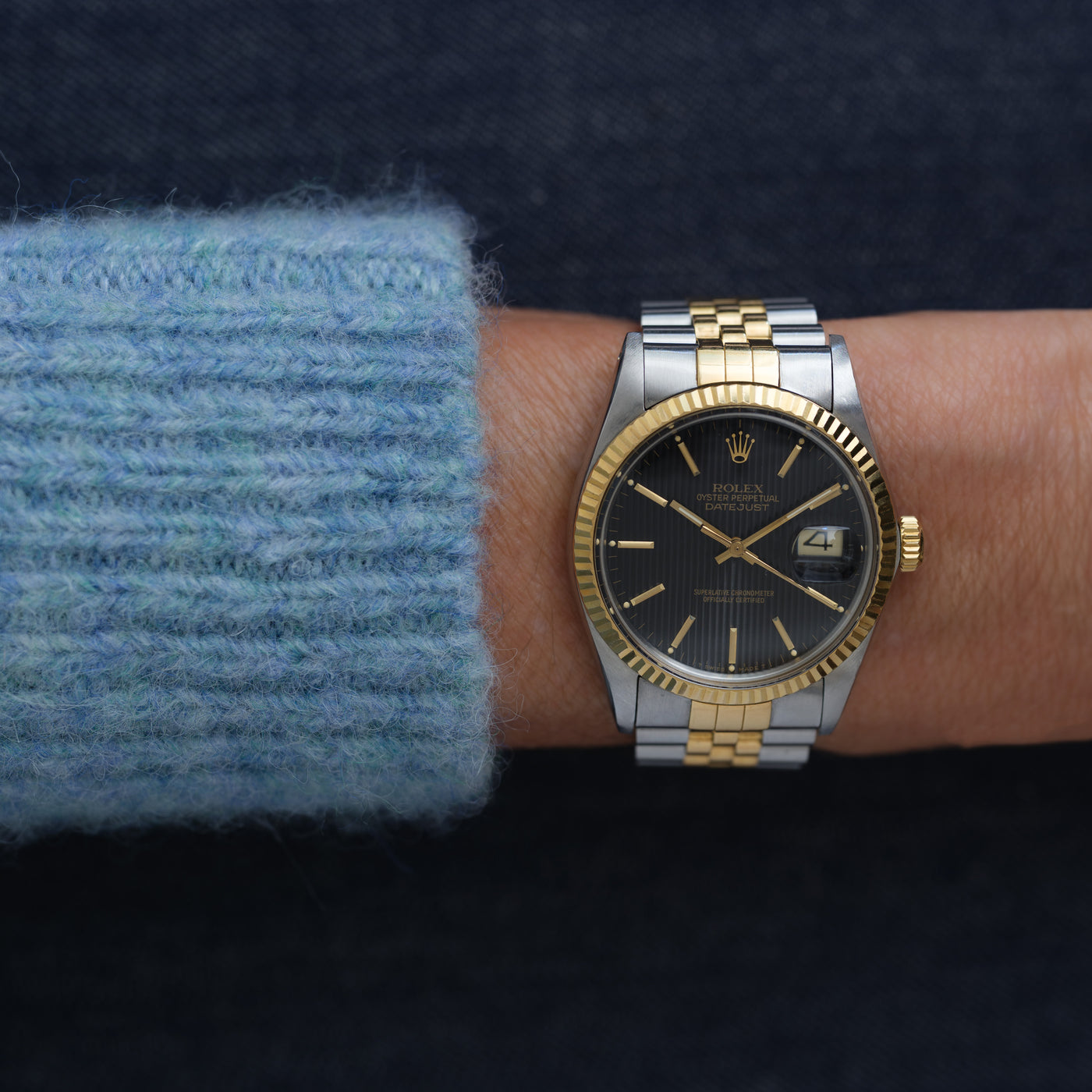 1987 ROLEX DATEJUST 1601 RARE BLACK TAPESTRY DIAL