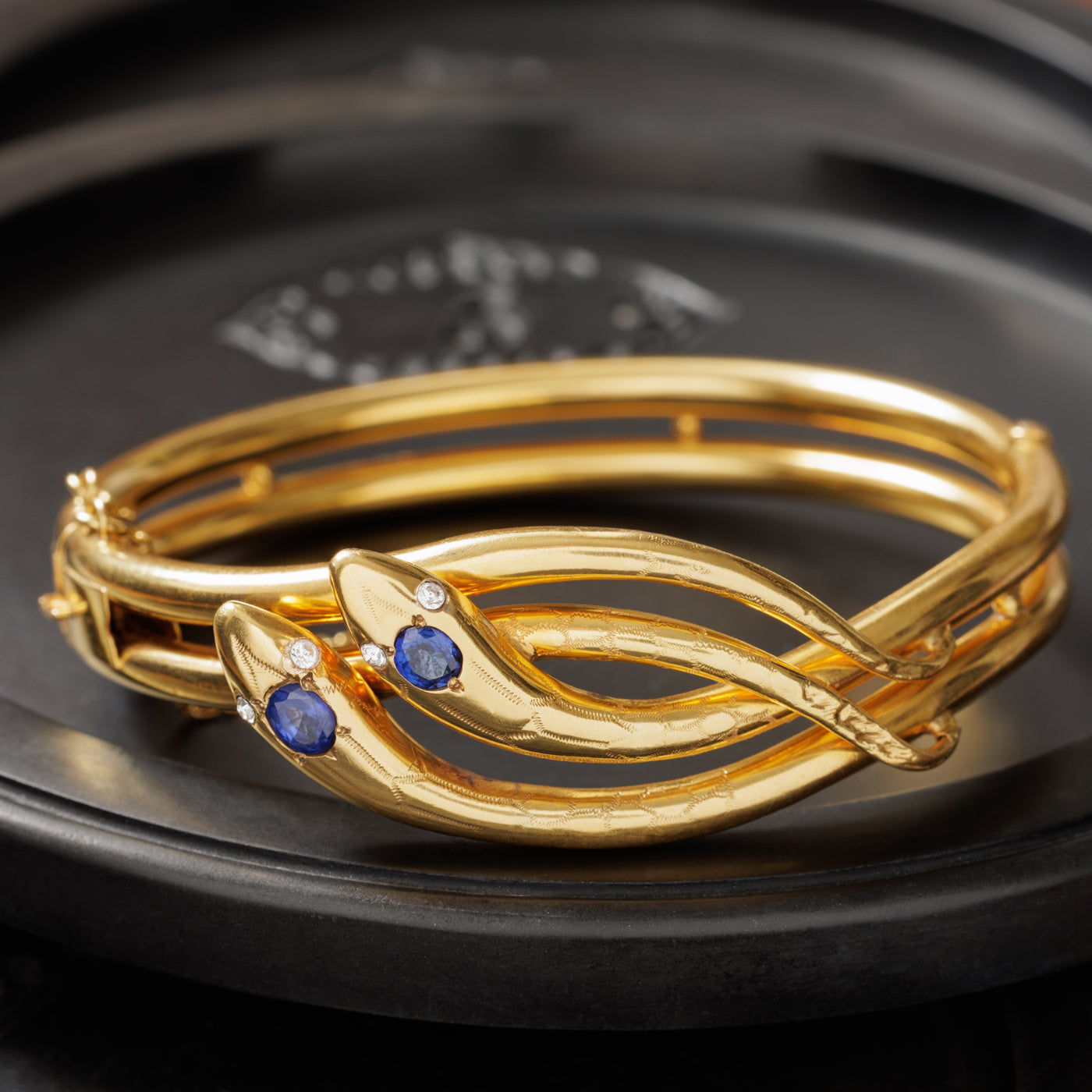 19th Century French 18 Karat Gold Diamond and Sapphire Double Snake Bracelet Bangle