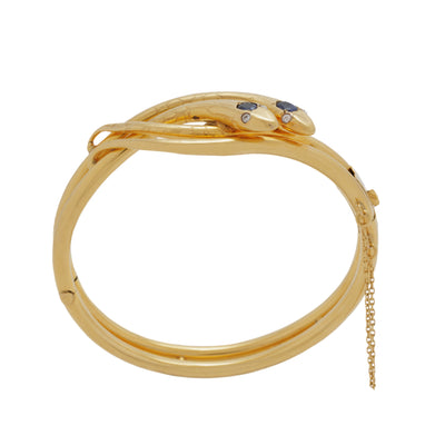 19th Century French 18 Karat Gold Diamond and Sapphire Double Snake Bracelet Bangle