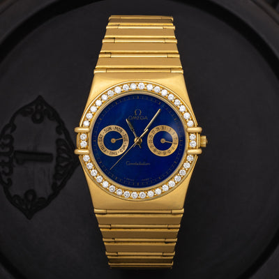 OMEGA CONSTELLATION 18K YELLOW GOLD WITH DIAMOND BEZEL AND LAPIS DIAL