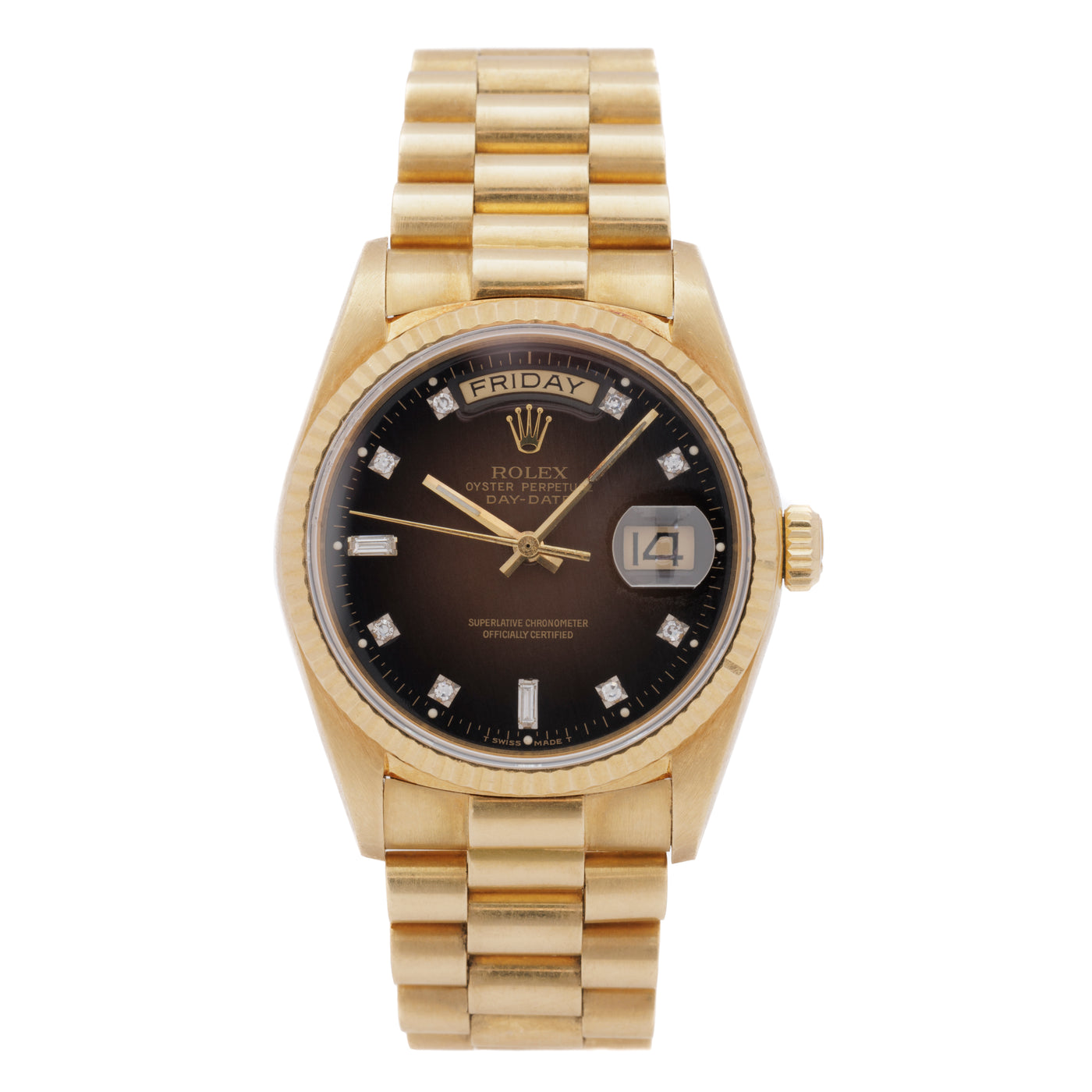 1986 18 KARAT YELLOW GOLD 18038, DAY-DATE PRESIDENT WITH RARE BROWN VIGNETTE DIAL FULL SET