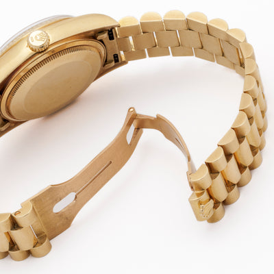 1986 18 KARAT YELLOW GOLD 18038, DAY-DATE PRESIDENT WITH RARE BROWN VIGNETTE DIAL FULL SET