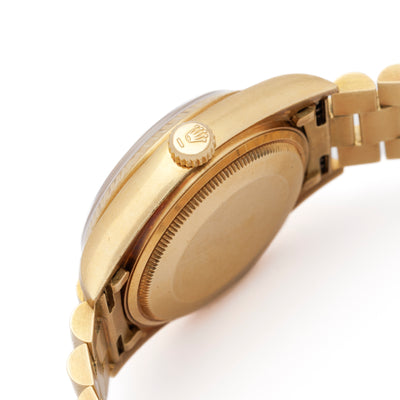 1986 18 KARAT YELLOW GOLD 18038, DAY-DATE PRESIDENT WITH RARE BROWN VIGNETTE DIAL FULL SET