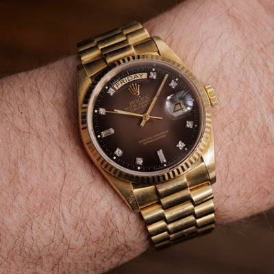 1986 18 Karat Rolex Day Date President with Rare Brown Burst Dial and Factory Diamonds Box Papers