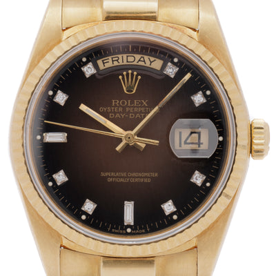 1986 18 KARAT YELLOW GOLD 18038, DAY-DATE PRESIDENT WITH RARE BROWN VIGNETTE DIAL FULL SET
