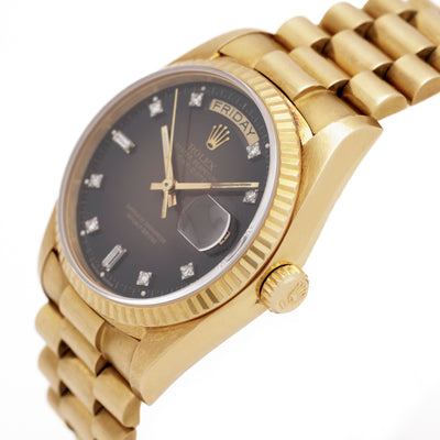 1986 18 Karat Rolex Day Date President with Rare Brown Burst Dial and Factory Diamonds Box Papers