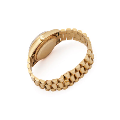 1986 18 KARAT YELLOW GOLD 18038, DAY-DATE PRESIDENT WITH RARE BROWN VIGNETTE DIAL FULL SET