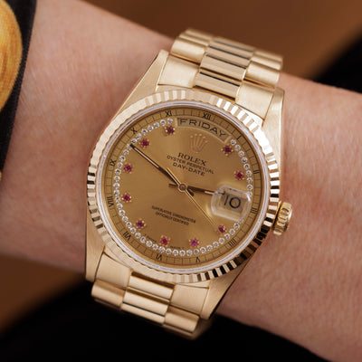 1990 Rolex Day-Date President 18238 18 Karat Yellow Gold and Ruby Diamond String Dial
