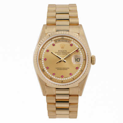 1990 Rolex Day-Date President 18238 18 Karat Yellow Gold and Ruby Diamond String Dial