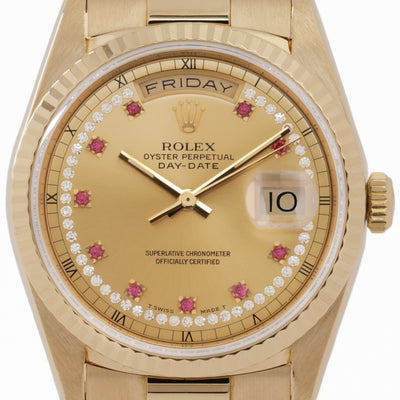 1990 Rolex Day-Date President 18238 18 Karat Yellow Gold and Ruby Diamond String Dial