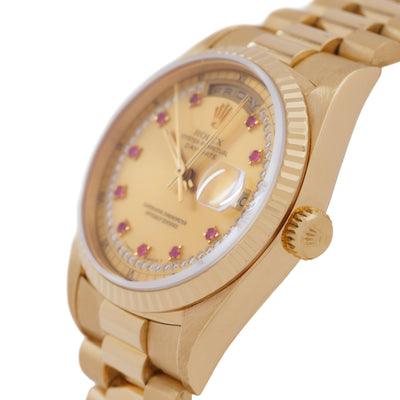 1990 Rolex Day-Date President 18238 18 Karat Yellow Gold and Ruby Diamond String Dial