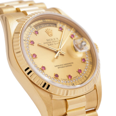 1990 Rolex Day-Date President 18238 18 Karat Yellow Gold and Ruby Diamond String Dial