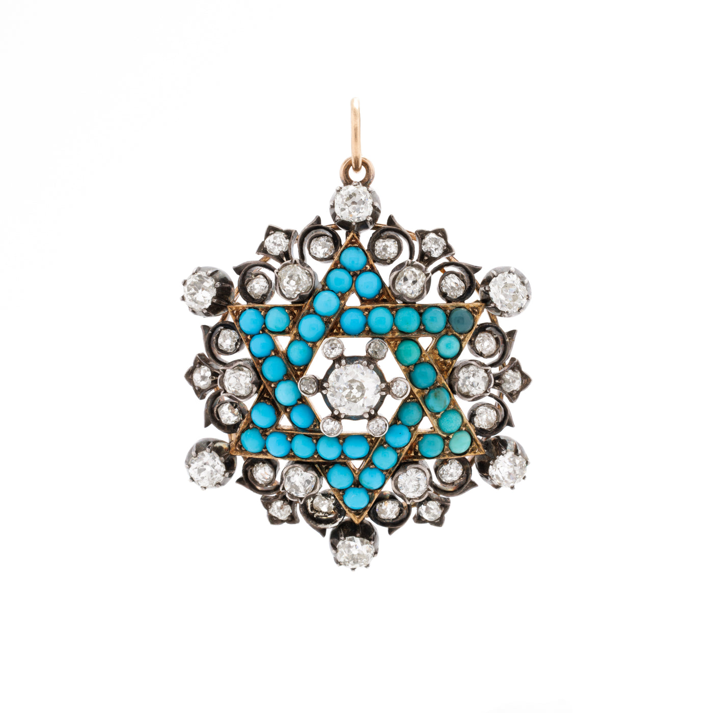 VICTORIAN 15-18K YELLOW GOLD, SILVER, DIAMOND AND PERSIAN TURQUOISE STAR OF DAVID c.1850s