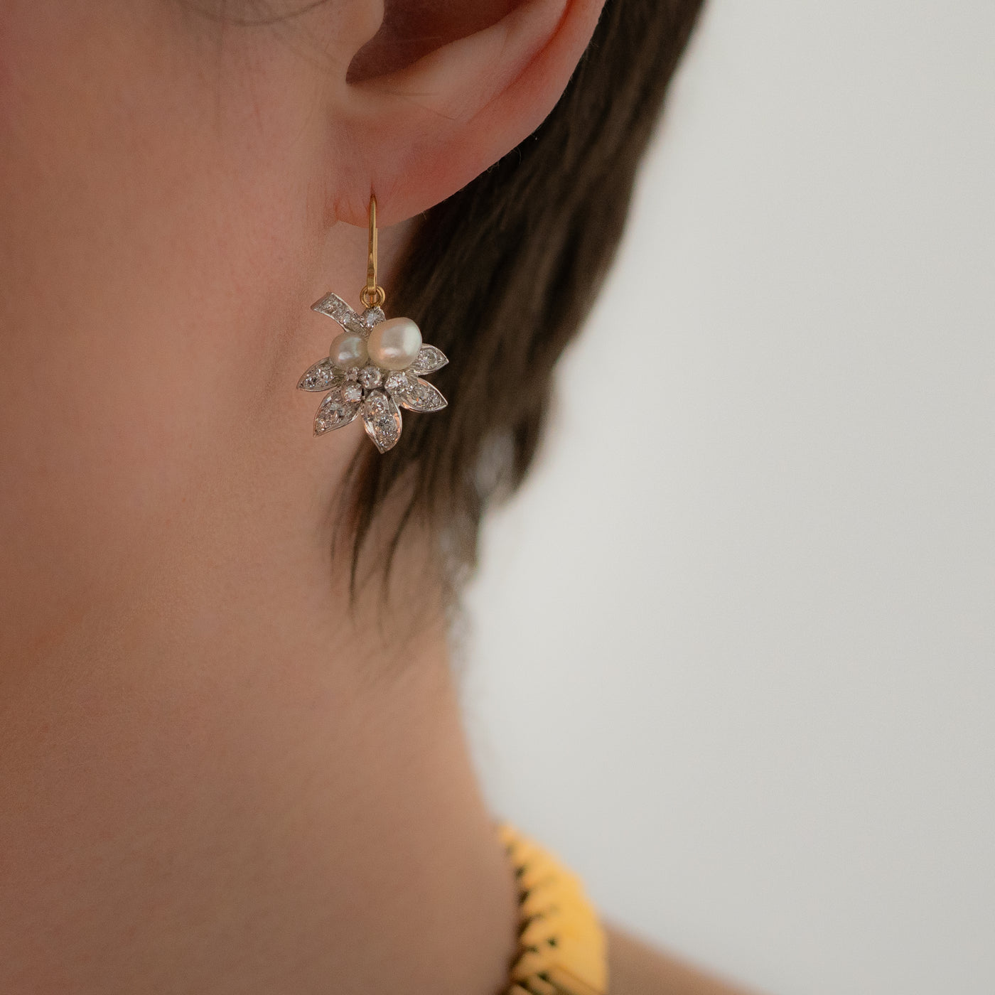 NATURAL PEARL LEAF MOTIF EDWARDIAN DIAMOND EARRINGS c.1910