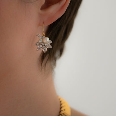 NATURAL PEARL LEAF MOTIF EDWARDIAN DIAMOND EARRINGS c.1910