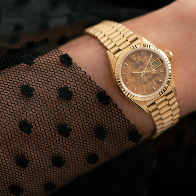 1985 ROLEX PRESIDENT LADY-DATEJUST BURL WOOD DIAL 18K GOLD MODEL 69178