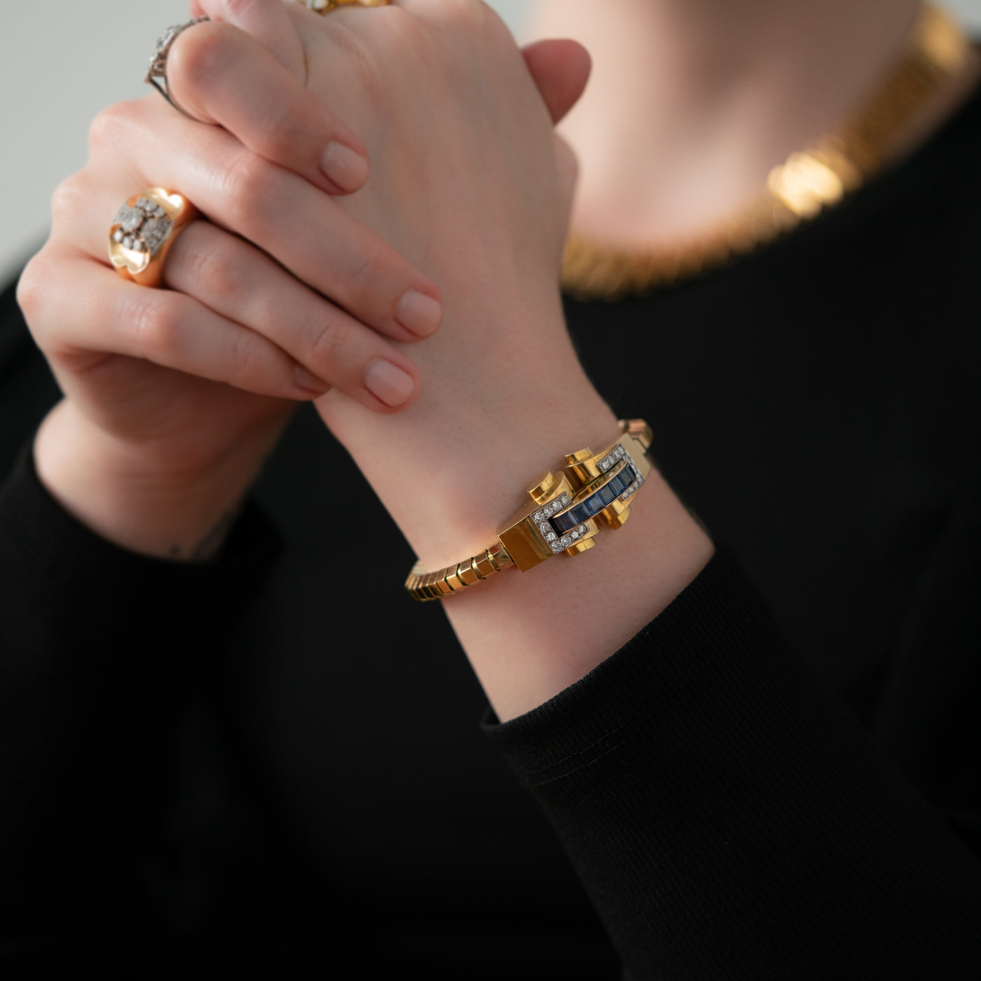 18K YELLOW GOLD, DIAMOND, BLUE SAPHIRE BOUCHERON BRACELET c.1930s