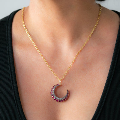 LATE VICTORIAN 15K YELLOW GOLD, SILVER, DIAMOND AND RUBY CRESCENT MOON c.1880s