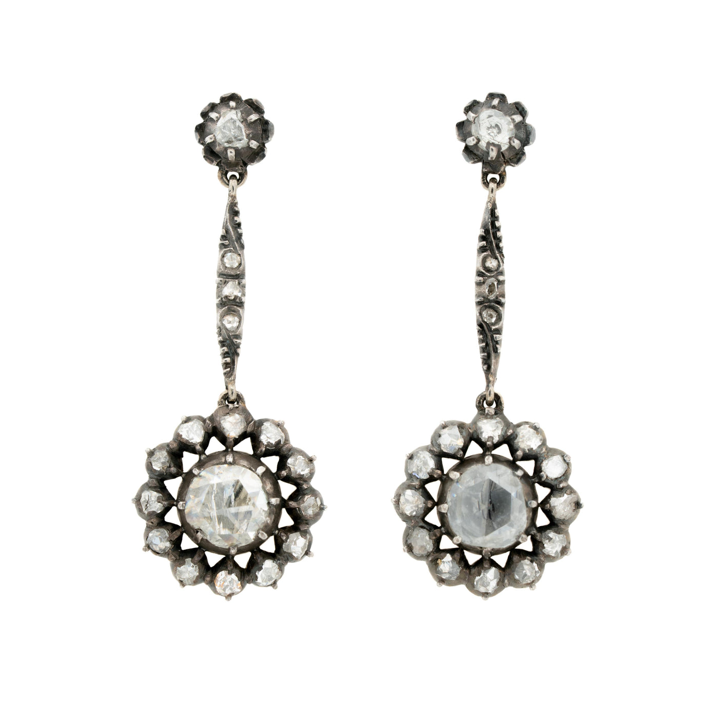 19TH CENTURY SILVER AND GOLD DUTCH 2.50CTS ROSE CUT DIAMOND DROP EARRINGS c.1900