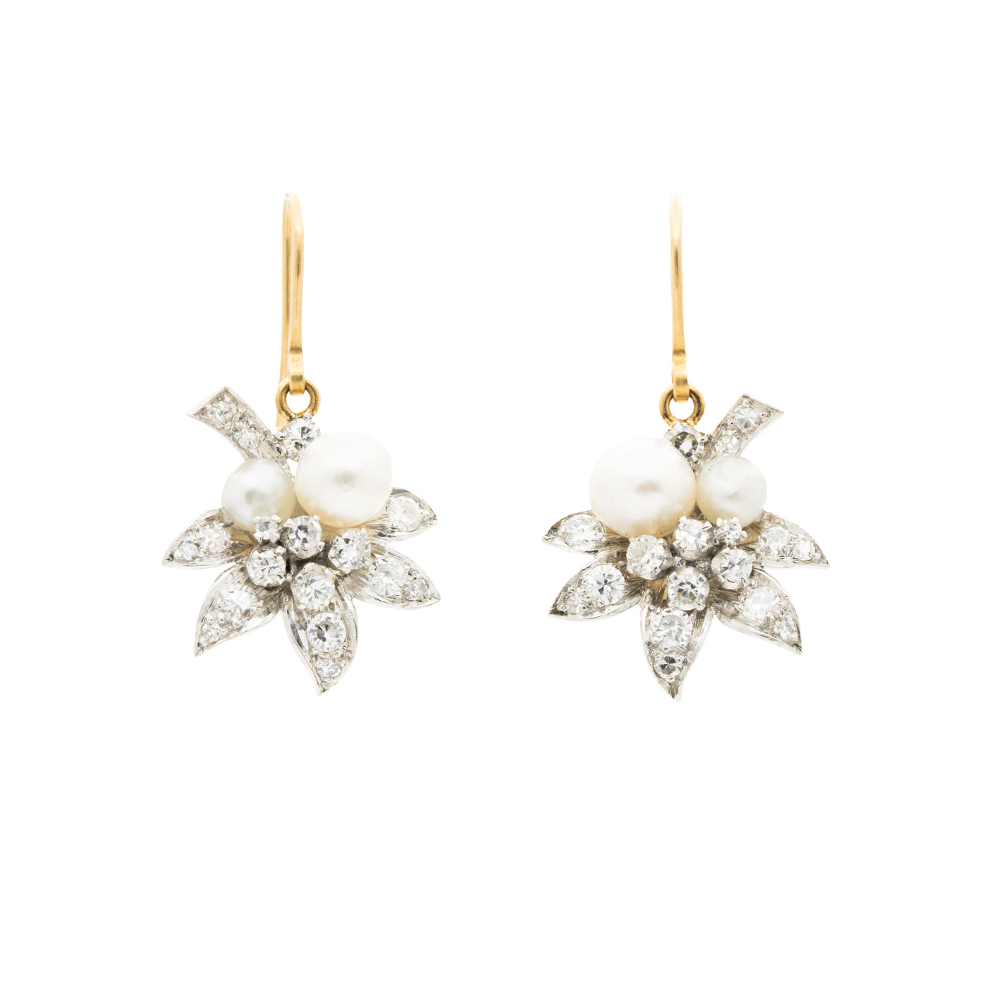 NATURAL PEARL LEAF MOTIF EDWARDIAN DIAMOND EARRINGS c.1910