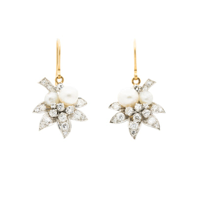 NATURAL PEARL LEAF MOTIF EDWARDIAN DIAMOND EARRINGS c.1910