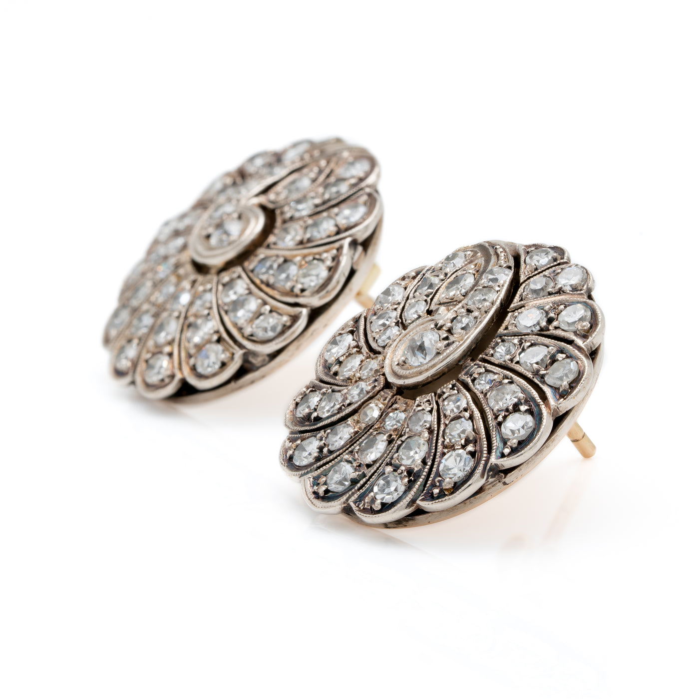 LATE VICTORIAN SILVER AND 14K YELLOW GOLD 2.5CTS OLD EUROPEAN CUT DIAMOND PAISLEY CLUSTER EARRINGS c.1900