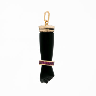 VINTAGE 14K YELLOW GOLD, RUBY AND ONYX FIGA CHARM c.1980s