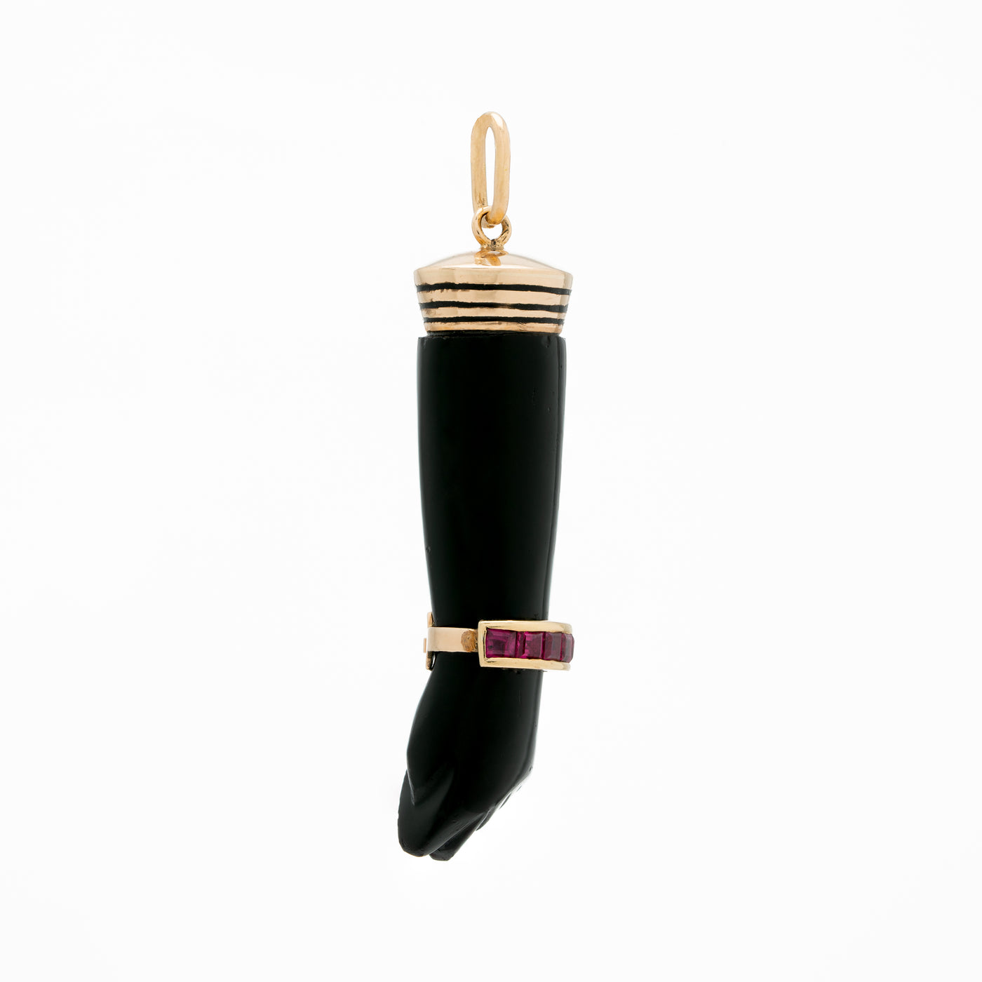 VINTAGE 14K YELLOW GOLD, RUBY AND ONYX FIGA CHARM c.1980s