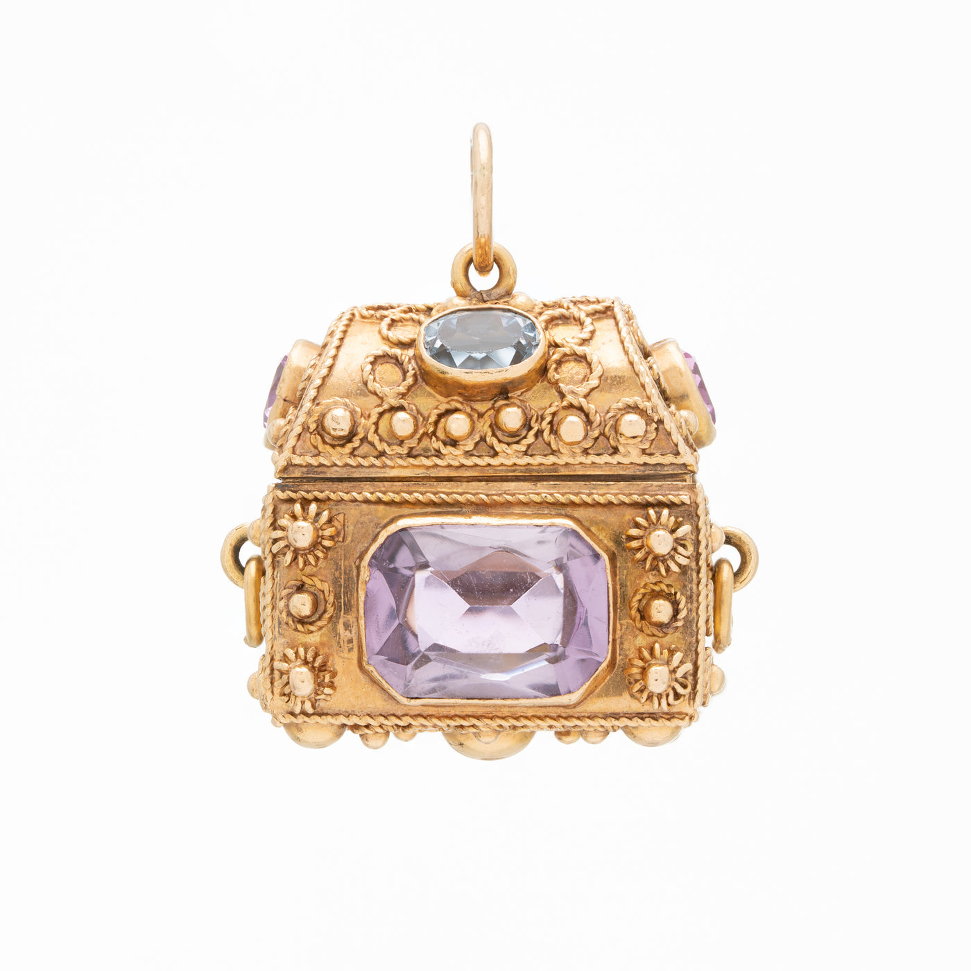 VINTAGE 18K YELLOW GOLD, PINK SAPPHIRE, AQUAMARINE AND AMETHYST TREASURE CHEST c.1960s