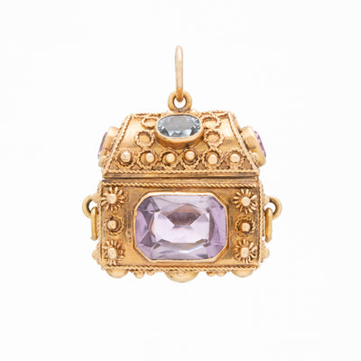 VINTAGE 18K YELLOW GOLD, PINK SAPPHIRE, AQUAMARINE AND AMETHYST TREASURE CHEST c.1960s