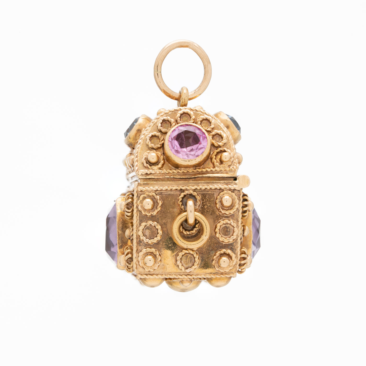 VINTAGE 18K YELLOW GOLD, PINK SAPPHIRE, AQUAMARINE AND AMETHYST TREASURE CHEST c.1960s