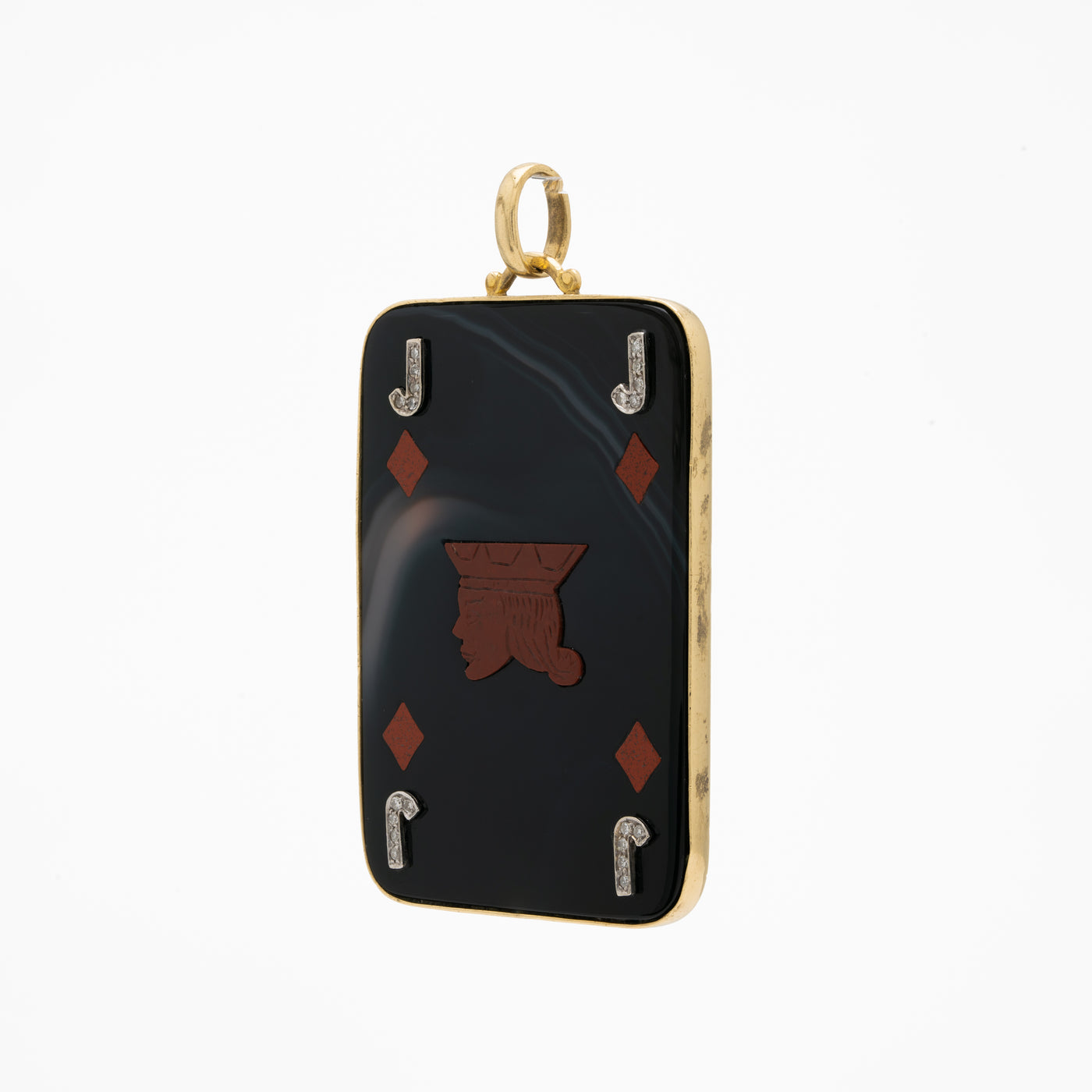 VINTAGE 18K YELLOW GOLD, AGATE, CARNELIAN AND DIAMOND JACK OF DIAMONDS PENDANT c.1970s