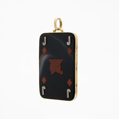 VINTAGE 18K YELLOW GOLD, AGATE, CARNELIAN AND DIAMOND JACK OF DIAMONDS PENDANT c.1970s