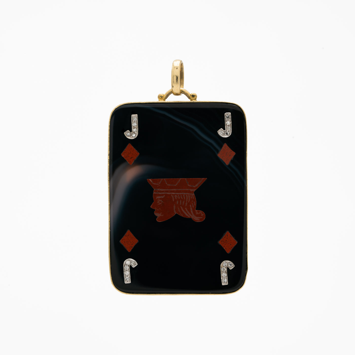 VINTAGE 18K YELLOW GOLD, AGATE, CARNELIAN AND DIAMOND JACK OF DIAMONDS PENDANT c.1970s
