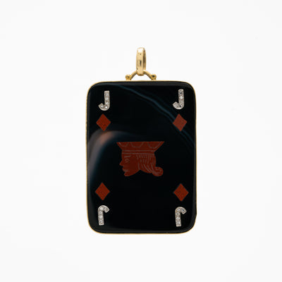 VINTAGE 18K YELLOW GOLD, AGATE, CARNELIAN AND DIAMOND JACK OF DIAMONDS PENDANT c.1970s