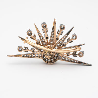 19TH CENTURY 18K YELLOW GOLD, SILVER 5.0CTS DIAMOND DEMI-STARBURST BROOCH .c 1870s