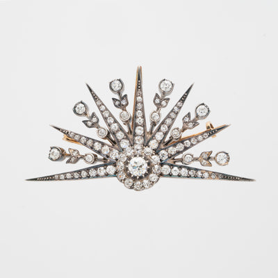 19TH CENTURY 18K YELLOW GOLD, SILVER 5.0CTS DIAMOND DEMI-STARBURST BROOCH .c 1870s