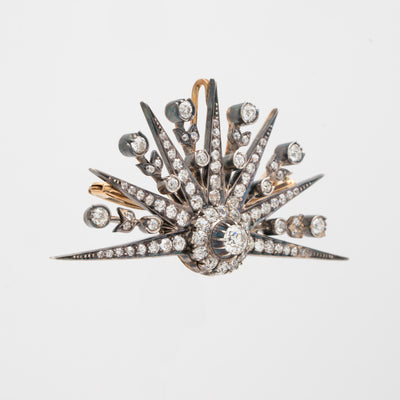19TH CENTURY 18K YELLOW GOLD, SILVER 5.0CTS DIAMOND DEMI-STARBURST BROOCH .c 1870s