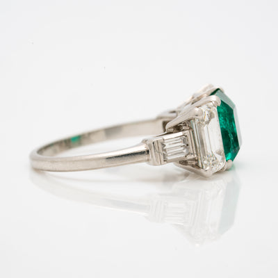 VINTAGE PLATINUM 1.20ct COLOMBIAN EMERALD AND 1.10ct EMERALD CUT DIAMOND RING c.1950s