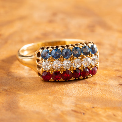 ANTIQUE FRENCH 18K YELLOW GOLD RUBY, DIAMOND, SAPPHIRE ROW RING C.1880