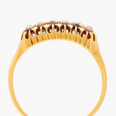ANTIQUE FRENCH 18K YELLOW GOLD RUBY, DIAMOND, SAPPHIRE ROW RING C.1880