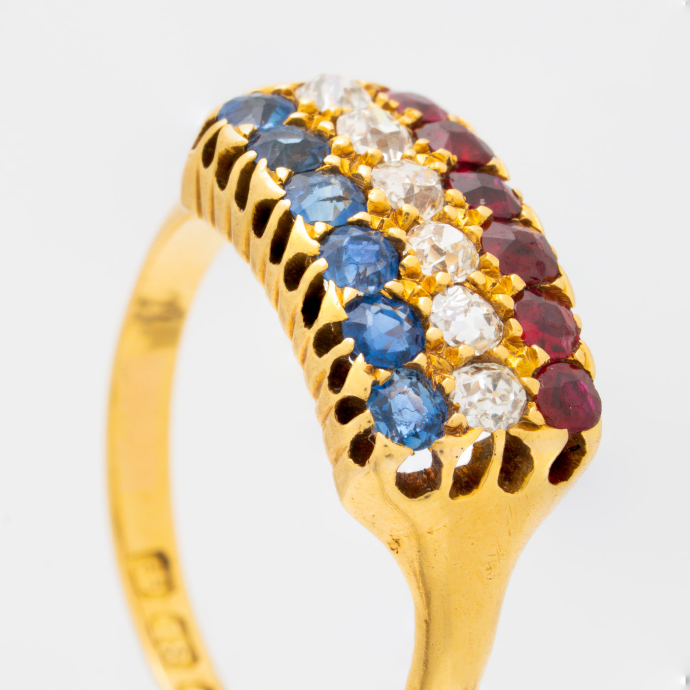 ANTIQUE FRENCH 18K YELLOW GOLD RUBY, DIAMOND, SAPPHIRE ROW RING C.1880