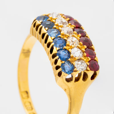 ANTIQUE FRENCH 18K YELLOW GOLD RUBY, DIAMOND, SAPPHIRE ROW RING C.1880