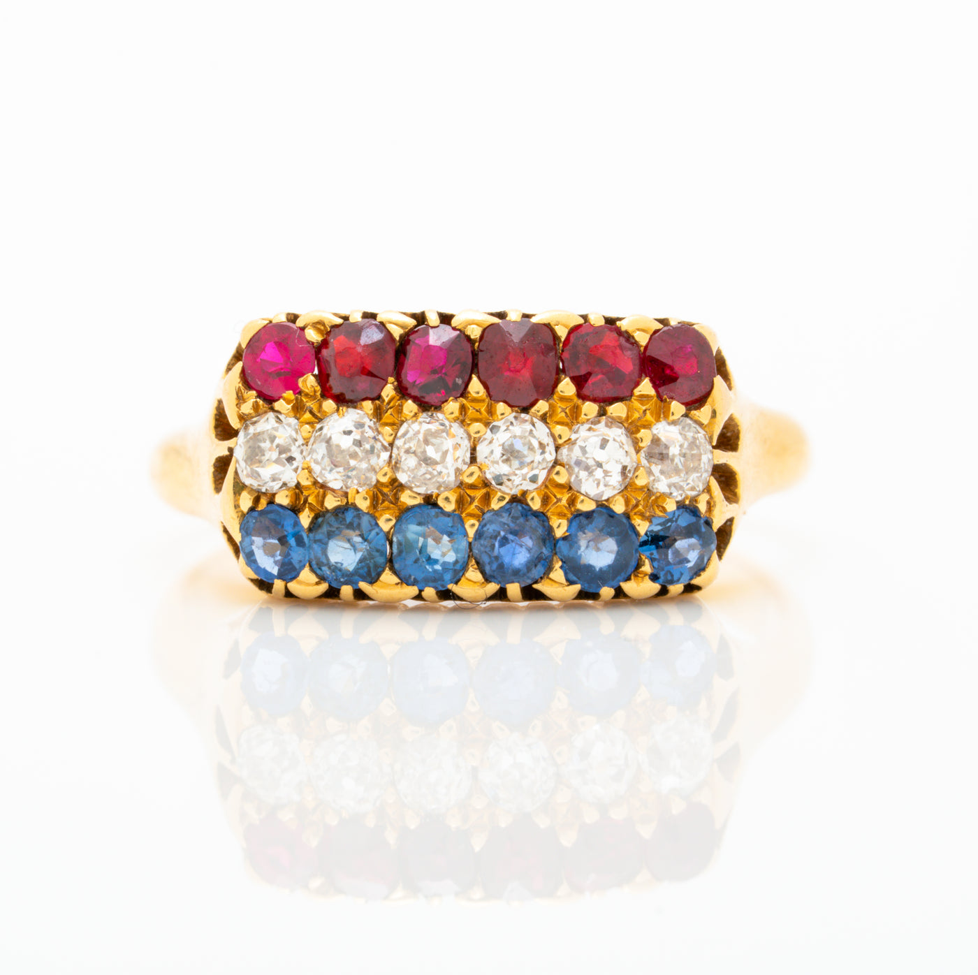 ANTIQUE FRENCH 18K YELLOW GOLD RUBY, DIAMOND, SAPPHIRE ROW RING C.1880