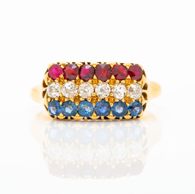 ANTIQUE FRENCH 18K YELLOW GOLD RUBY, DIAMOND, SAPPHIRE ROW RING C.1880