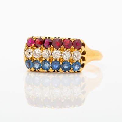 ANTIQUE FRENCH 18K YELLOW GOLD RUBY, DIAMOND, SAPPHIRE ROW RING C.1880