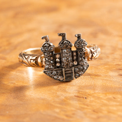VICTORIAN 18k and SILVER and DIAMOND CASTLE RING c.1850s