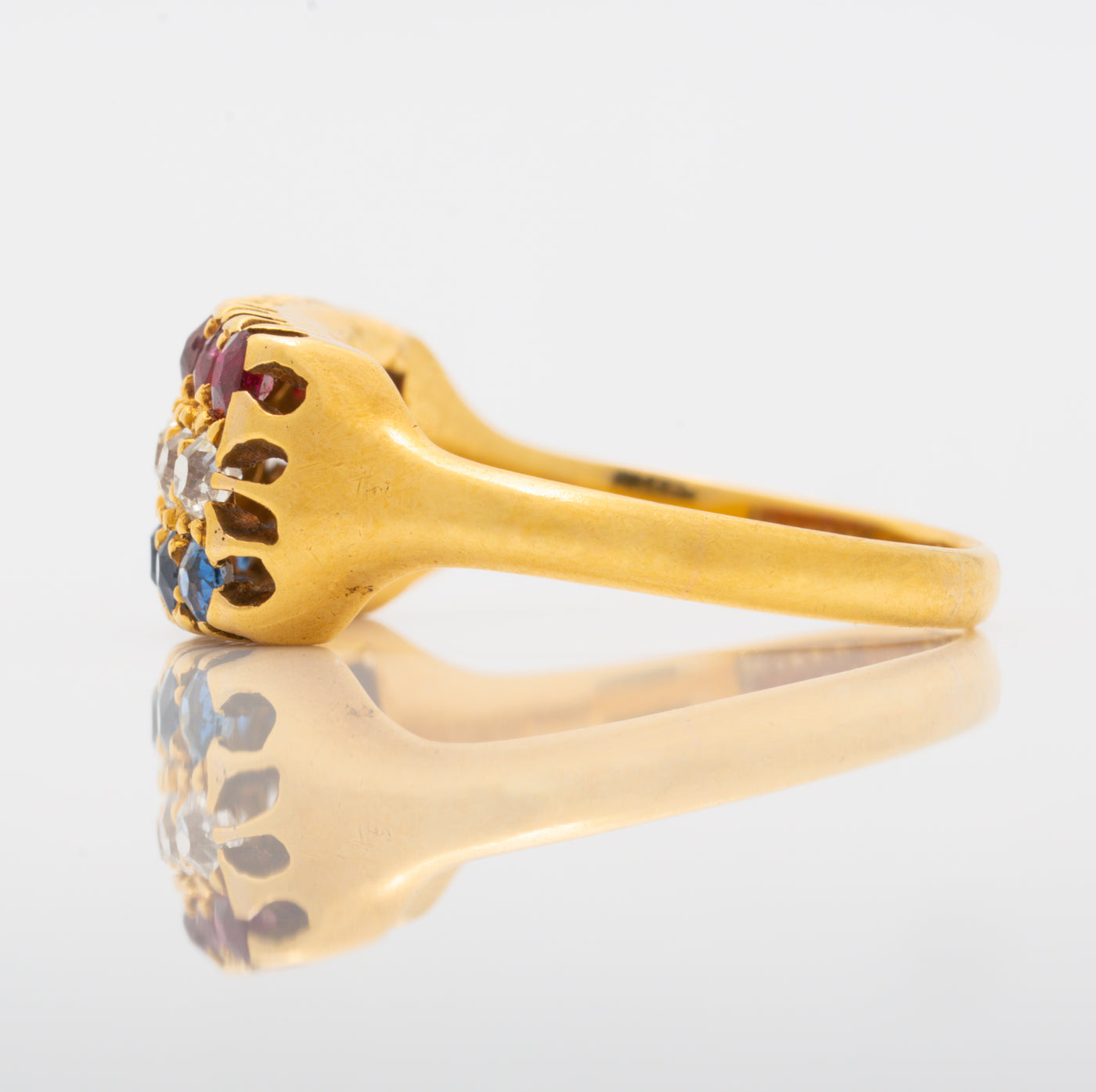 ANTIQUE FRENCH 18K YELLOW GOLD RUBY, DIAMOND, SAPPHIRE ROW RING C.1880