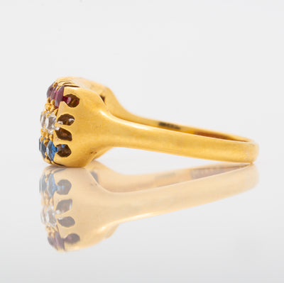 ANTIQUE FRENCH 18K YELLOW GOLD RUBY, DIAMOND, SAPPHIRE ROW RING C.1880