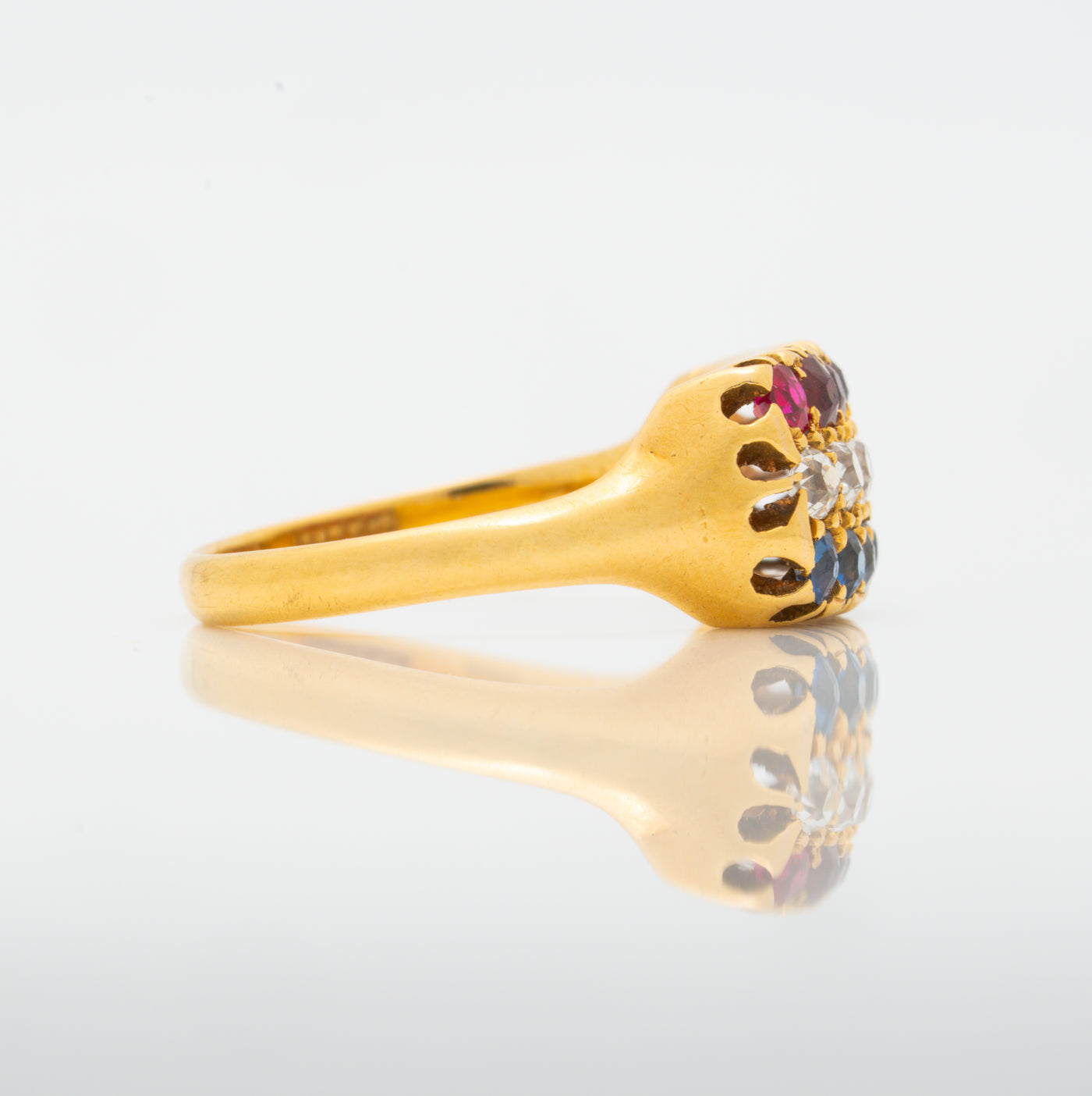 ANTIQUE FRENCH 18K YELLOW GOLD RUBY, DIAMOND, SAPPHIRE ROW RING C.1880